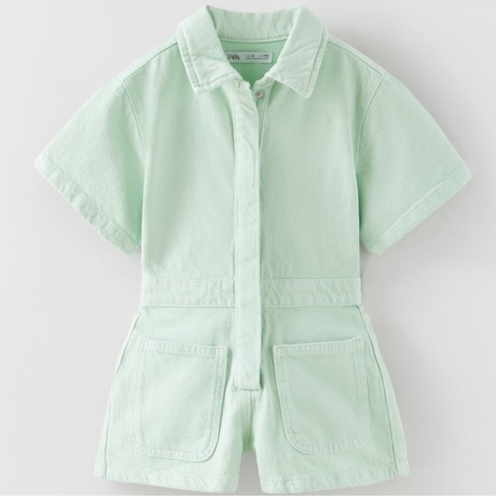 Mint Green Denim Romper Jumpsuit Shorts by Zara Size 10